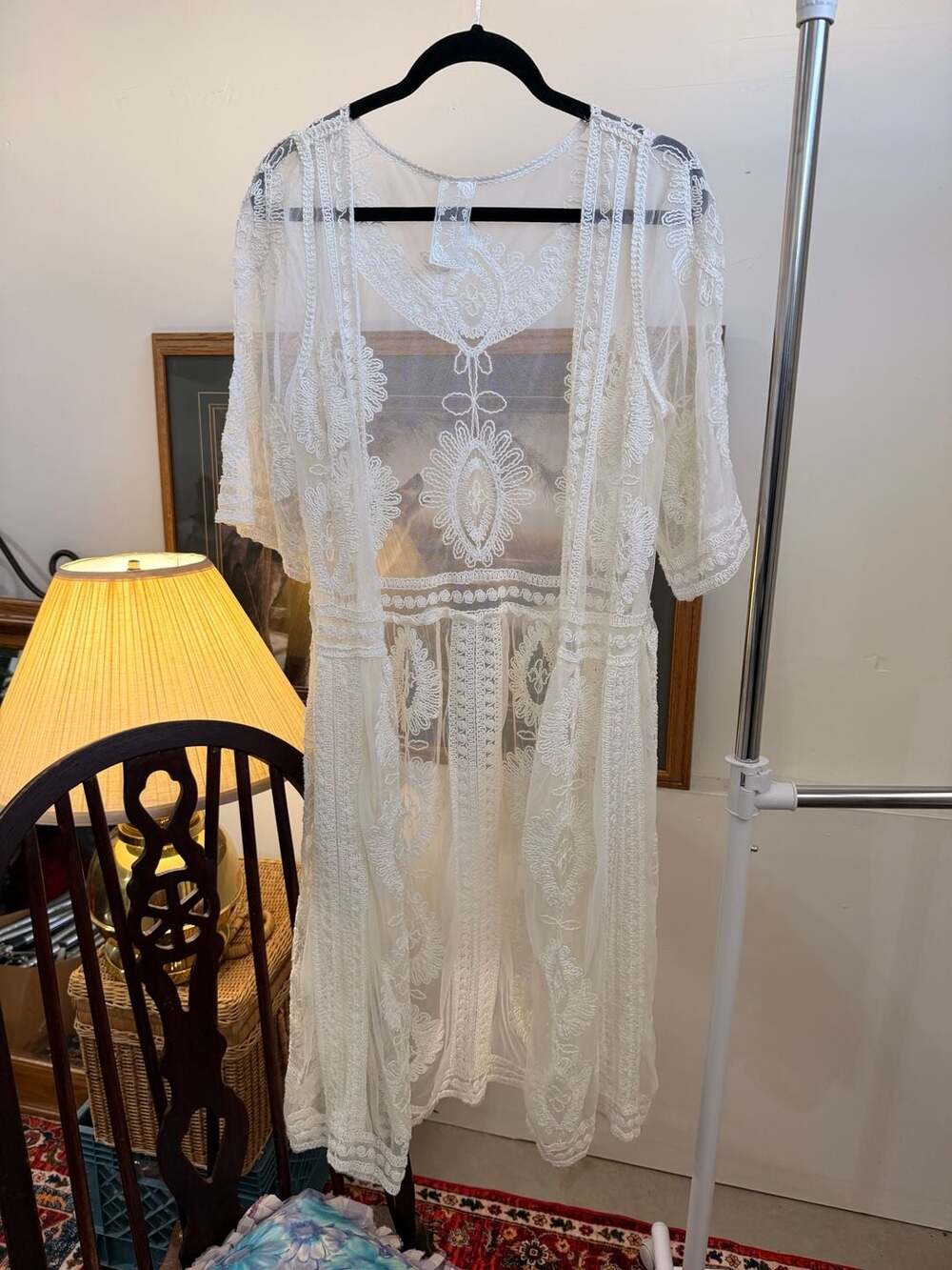 Romantic White Lace Kimono Boho Bridal Cover Up Open Front Beach Robe Cotton